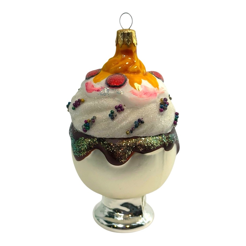 Kurt Adler Glass Ice Cream Sundae Christmas Ornament Colombia Glitter Dessert